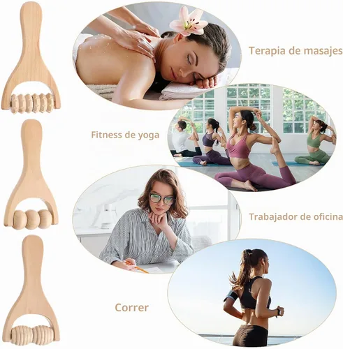Vista 4 de Abeillo Rodillo de masaje de mano de madera, 3 piezas, rodillo muscular, herramientas de masaje manual de terapia de madera, rodillo masajeador