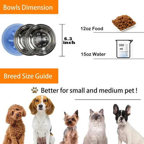 Vista 6 de Juego de cuencos de acero inoxidable para perros con alfombrilla de silicona, 100% impermeable, sin BPA, cuencos de comida para gatos y perros, sin