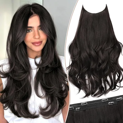 Vista 13 de KooKaStyle Extensiones de Cabello con Alambre Invisible, Largas, Lacias, en Capas, Sintéticas con Alambre Transparente, Tamaño Ajustable, 6 Clips