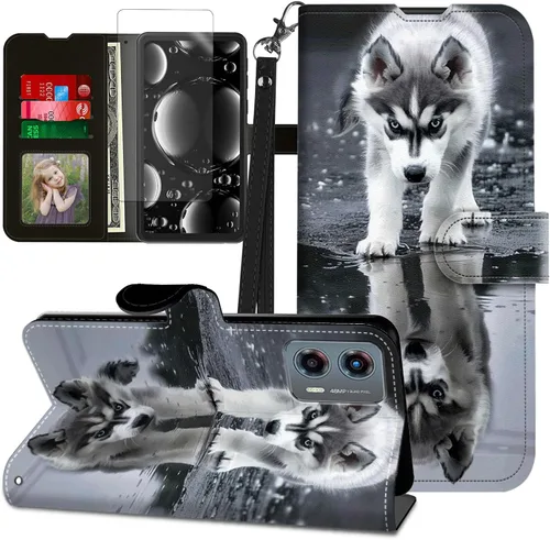 Vista 121 de Funda para Motorola Edge 2022 con protector de pantalla, soporte y tarjetero y correa para la muñeca, funda magnética para Moto Edge 2022 5G UW Lobo