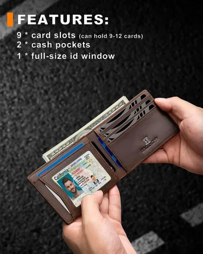 Vista 32 de Billetera AirTag para hombre, de piel auténtica plegable con bloqueo Rfid AirTag con ranuras para efectivo y ventana de identificación, compatible