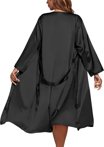 Vista 2 de Rooscier Conjunto de pijama de satén sedoso de 2 piezas para mujer, camisón con flecos y bata para dormir