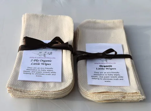 Vista 2 de Gina's Soft Cloth Shop 1 Ply Organic Washable Baby Wipes Larger size 9 x 9 Inches 10 Pack Sewn with Matching Cotton Thread - Proudly Made in the USA!