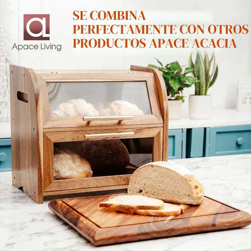 Vista 5 de Arise - Elegante caja de pan de acacia para encimera de cocina, contenedor de almacenamiento de pan de madera extra grande de 2 estantes