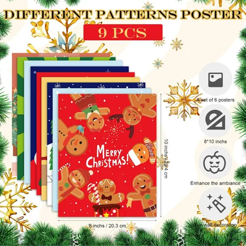 Vista 2 de AmazingSpark 9 pósteres navideños de papel de Papá Noel, con diseño de pan de jengibre, muñeco de nieve y alce, impresiones de pared de moda