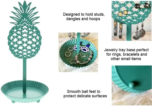 Vista 4 de Organizador de aretes de piña, exhibición de árbol de joyería de pie de metal con bandeja para anillos, decoración de playa tropical costera (verde)