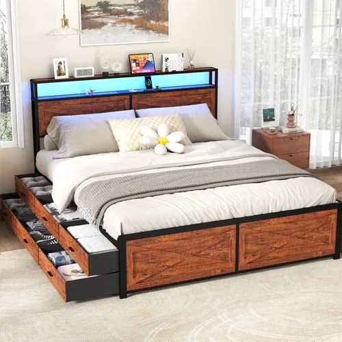 Vista 17 de Kiivakii Base de cama de tamaño matrimonial con cabecero, plataforma LED con 4 cajones de almacenamiento, estación de carga integrada, sin ruido