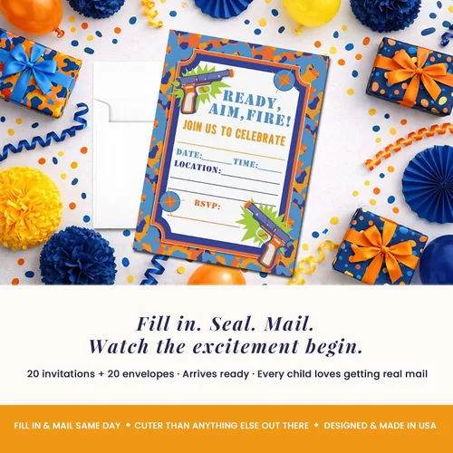 Vista 3 de AmandaCreation - Invitaciones para fiesta de cumpleaños de Dart Gun, 20 tarjetas de relleno de 5 x 7 pulgadas con veinte sobres blancos
