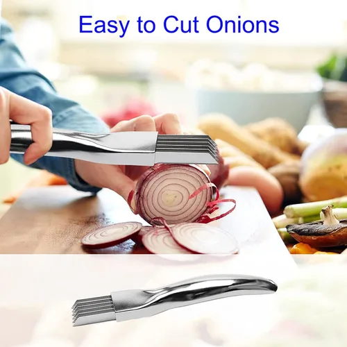 Vista 6 de Cortador de cebolla picada de acero inoxidable, multifuncional para alimentos, cuchillo de cebolla, herramienta de cocina, rebanada de cubiertos