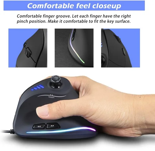 Vista 3 de Zeerkeer Ratón vertical ergonómico, mouse vertical con cable RGB para juegos con joystick, 10000 DPI máximo y 11 botones programables