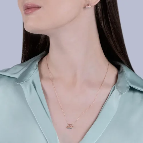 Vista 3 de Jewelili Enchanted Disney Fine Jewelry - Collar de oro rosa de 10 quilates con diamantes CTTW y topacio rosa aurora, Metal, diamante blanco