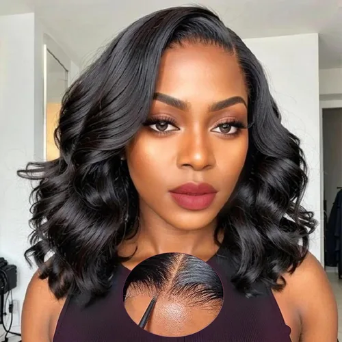 Vista 9 de Ruiyu - Peluca rizada con corte de pelo lanudo con flequillo, cierre de cabello humano, peluca sin pegamento, pelucas onduladas con flequillo