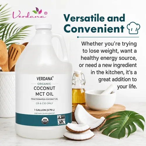 Vista 5 de Aceite de coco MCT orgánico certificado USDA Verdana – Aceite de coco fraccionado – Sin uso de semilla de palma – Kosher, grado alimenticio, sin