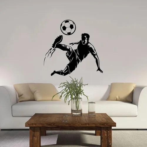 Vista 2 de Calcomanía de vinilo para pared, silueta de jugador de fútbol, patada de fútbol, patada de bicicleta, diseño de habitación de niños, decoración