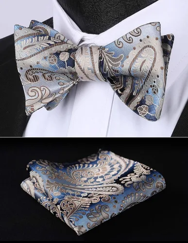 Vista 117 de HISDERN Pajaritas para hombre, corbatín de cachemira para hombre, corbata de lazo y bolsillo cuadrado, juego formal de esmoquin para boda
