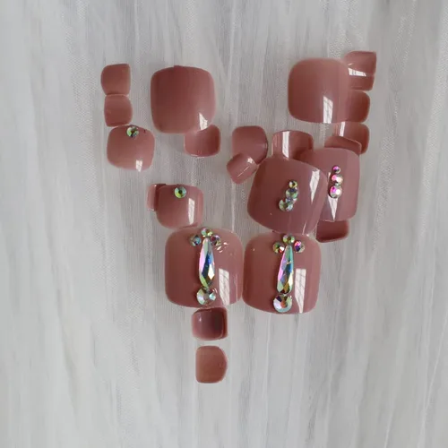 Vista 3 de 24 uñas de los pies a presión color caqui para los dedos de los pies, elegantes y exquisitas piedras brillantes, uñas postizas para novias, puntas