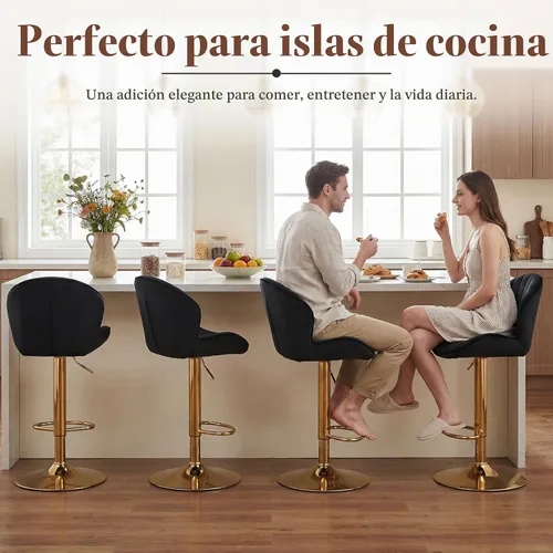 Vista 5 de CIMOTA Juego de 2 taburetes de bar negros y dorados de altura ajustable, taburetes de bar giratorios modernos con forma de concha, taburetes