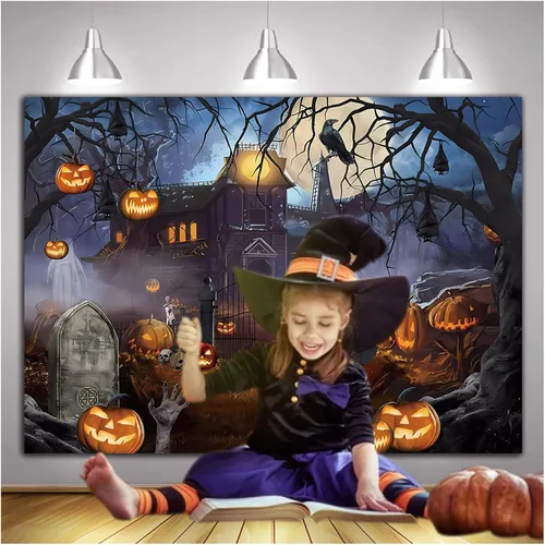 Vista 3 de Telón de fondo temático de Halloween para fotografía, castillo de fantasmas, luna, noche aterradora, calabaza, farol, cuervo, fondo de fotos