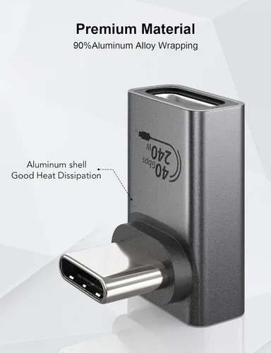 Vista 8 de XAOSUN Adaptador USB C de 90 grados, ángulo recto, 240 W, 40 Gbps, conector USB tipo C Thunderbolt 4 para MacBook, teléfono, Rog Ally, Steam Deck