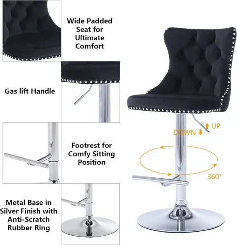 Vista 103 de Aoowow Juego de 2 taburetes de bar giratorios, taburetes de bar ajustables con respaldo de terciopelo copetudo, sillas de bar modernas tapizadas