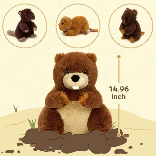 Vista 5 de MaoGoLan 4 animales de peluche de castor con tres bebés en el interior, regalo de felpa de castor gigante esponjoso de 17.7 pulgadas, divertidos