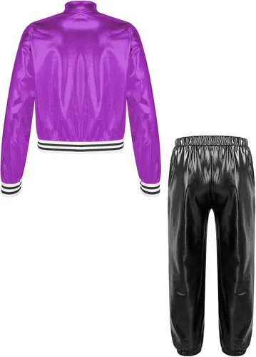 Vista 2 de YiZYiF Conjunto de ropa de baile para niños y niñas, disfraz de hip hop, jazz, chaqueta bomber metálica brillante con pantalones de cintura alta