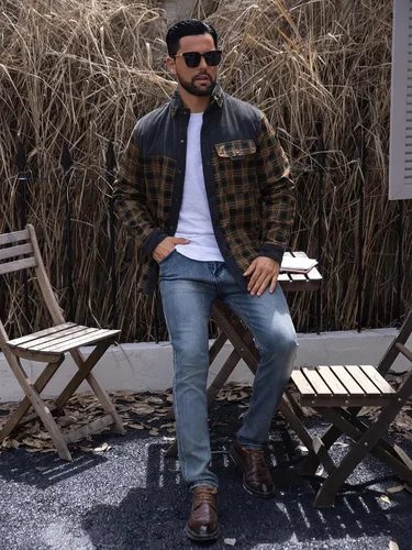 Vista 2 de Zaitun Camisa de franela de pana con forro de sherpa para hombre, chaqueta de manga larga con botones, abrigo de forro polar para hombre con bolsillo