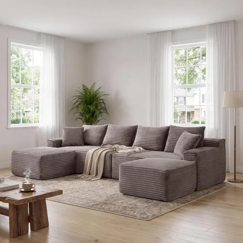 Vista 16 de Sofá seccional de nube en forma de U de 115 pulgadas, sofá modular comprimido sin hueso con diván otomano reversible, sofá simétrico de pana de Gris