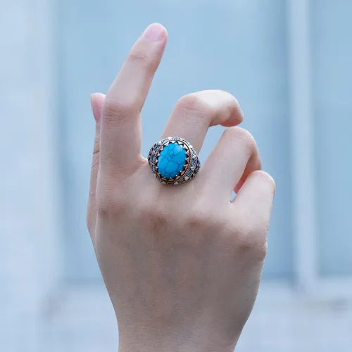 Vista 9 de AROTOROM Retro Turquoise Ring for Men in 925 Sterling Silver Oval Sky Blue Stone Ring Life Track Significance Turkish Handmade Engraved Silver Ring
