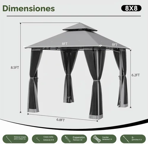 Vista 9 de Aoxun Gazebo de 8 x 8 con doble techo y mosquitera, tienda de campaña para exteriores de alta resistencia, tienda de campaña para patio