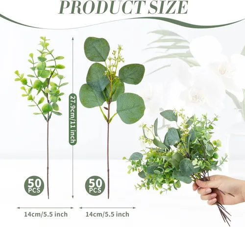 Vista 2 de Yunsailing 100 tallos de eucalipto sintético con semillas blancas, hojas de eucalipto artificiales, decoración de ramas de hojas falsas para ramos