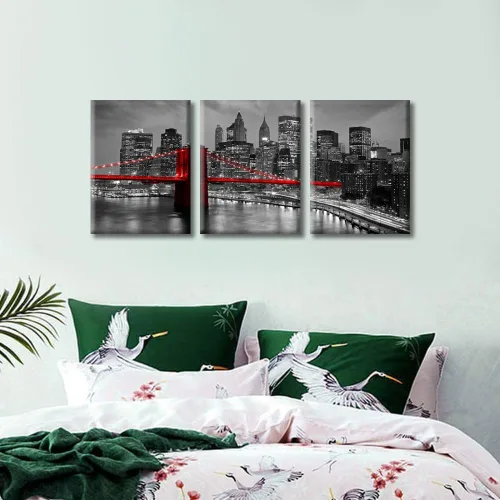 Vista 4 de TUMOVO Arte de pared en blanco y negro con paisaje urbano de Nueva York, decoración de pared de horizonte de Nueva York para sala de estar, puente