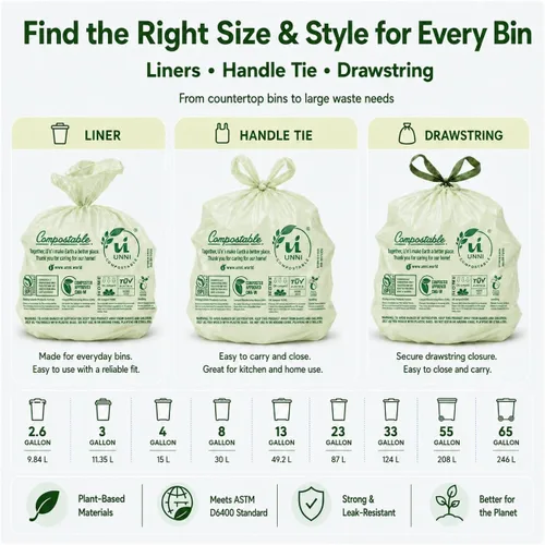 Vista 9 de Bolsas de camiseta compostables UNNI con asas de lazo, 1.6 galones / 6 litros, 50 unidades, forros de cajón de cocina pequeños de 0.64 mil