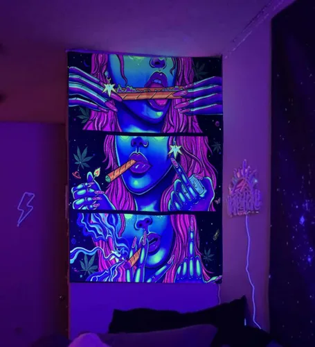 Vista 4 de Tapiz hippie hippy de pared Trippy para fumar, tapices de luz negra para fumadores, decoración de habitación, accesorios de marihuana, tapices