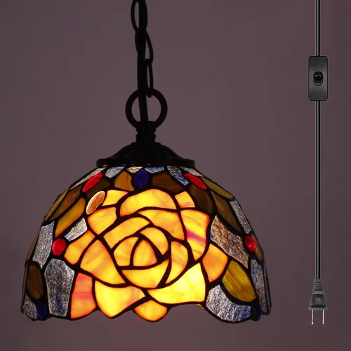 Vista 8 de Lámpara Colgante Pequeña Tiffany de Vidrio Emplomado con Enchufe, Lámpara Colgante de 8 Pulgadas de Altura Ajustable, Accesorio de Araña Colgante