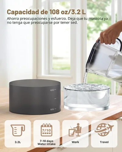 Vista 6 de Fuente de agua para gatos: fuente para gatos de 108 oz/3.2 L, dispensador de bebida súper silencioso para mascotas, fuentes de agua para gatitos