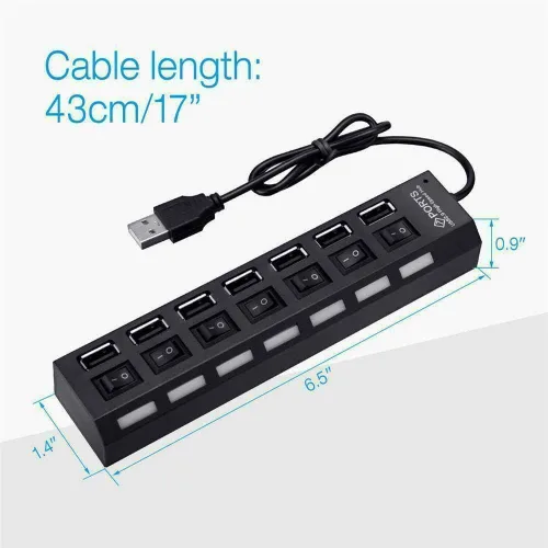 Vista 4 de Concentrador USB 2.0 de 7 puertos, extensor USB con interruptores LED individuales de encendido/apagado, protección contra sobrecorriente, Plug and