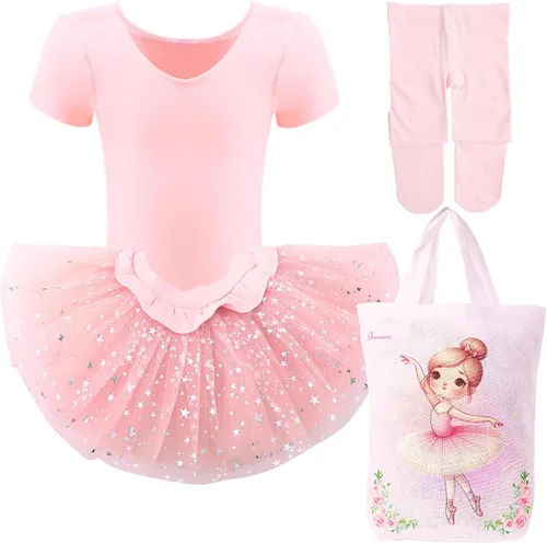 Vista 8 de Dancina Conjunto de ballet para niñas y niños pequeños, leotardo de algodón con tutú brillante y medias de baile a juego Conjunto de traje rosa