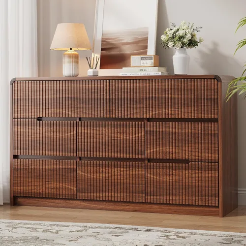 Vista 16 de Cómoda de madera negra para dormitorio, 5 cajones para almacenamiento de ropa, cómoda moderna con cajones anchos, cómoda de madera amplia para sala