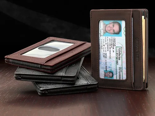 Vista 5 de Cartera compacta de manga RFID de cuero minimalista con clip de dinero 10 tarjetas
