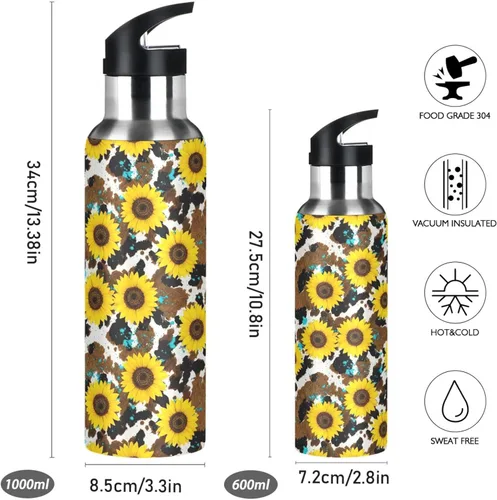 Vista 2 de Yellow Sunflowers Rustic Cow Print Stainless Steel Water Bottle 20 Oz Leakproof Water Bottles, BPA-Free Sport Water Bottle Insulated