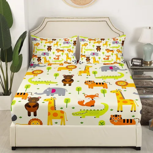 Vista 3 de Erosebridal Juego de sábanas de animales de la selva para niñas y niños, juego de sábanas de safari salvaje con diseño de elefante, oso, tigre