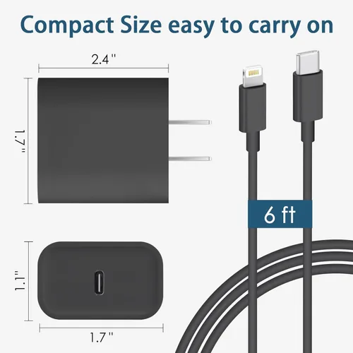 Vista 4 de CXX Cargador para iPhone de 20 W de carga rápida [certificado MFi, paquete de 2] bloque USB-C PD y cable de 6 pies compatible con iPhone Negro