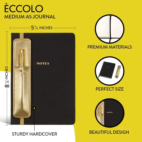 Vista 2 de WORLD TRAVELER Eccolo - Diario mediano con bolígrafo, cuaderno A5 de tapa dura negro y dorado con 256 páginas marfil, soporte para bolígrafo