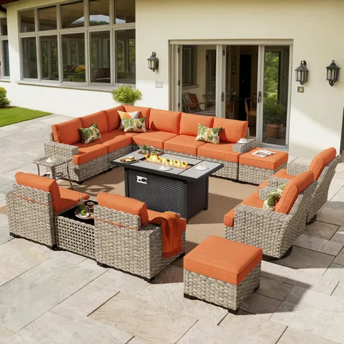 Vista 45 de HOOOWOOO Juego de Muebles Seccionales para Patio al Aire Libre, 6 Piezas Juegos de Conversación de Mimbre Sofá en Forma de L, Sofá Extra Profundo
