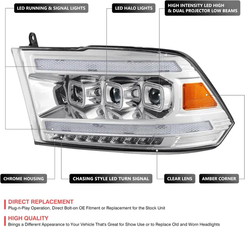Vista 2 de DNA MOTORING Par de faros LED compatibles con Ram 1500 2500 3500 13-18, luces de proyector de haz alto y doble bajo, LED Switchback, cromado