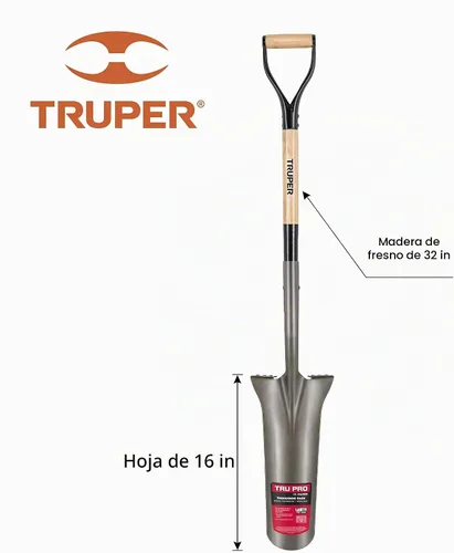 Vista 2 de Truper Tru Pro - Pala de drenaje de 16 pulgadas, mango de madera de fresno prémium de 32 pulgadas con agarre en D, escalones torneados, pala