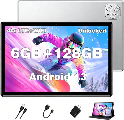 Vista 9 de Tabletas Android 2024, nueva tableta desbloqueada Octa-Core Android 13 con ranura para tarjeta SIM, 128 GB ROM+4 GB RAM, cámara de 10 pulgadas, 5
