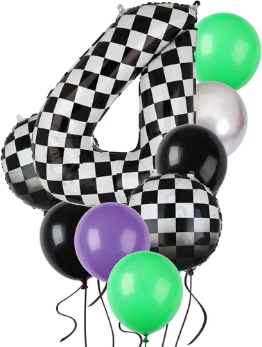 Vista 6 de Paquete de globos de auto de carreras azul y negro de 40 pulgadas, globo de números a cuadros 2 en blanco y negro, globos de látex para niños, dos