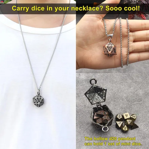 Vista 2 de Haxtec Mini Juego de Dados de Metal D&D con Estuche de Collar Hueco - Llavero Portátil de 7 Piezas Plata antigua